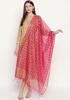 Women Pink And Gold Toned Checked Dupatta