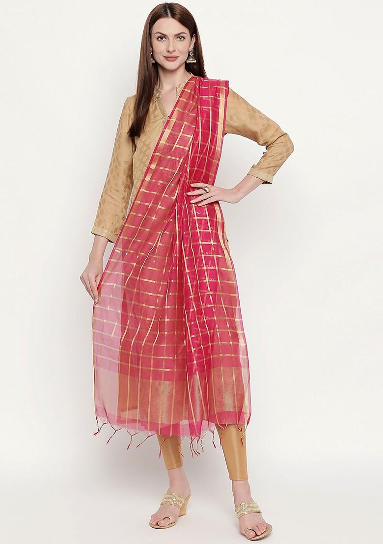Women Pink And Gold Toned Checked Dupatta