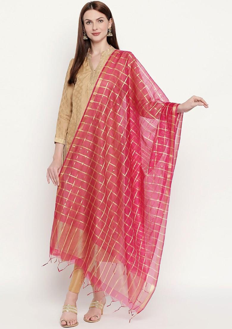 Women Pink And Gold Toned Checked Dupatta