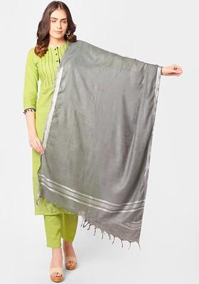 Grey And Silver Toned Linen Dupatta With Zari