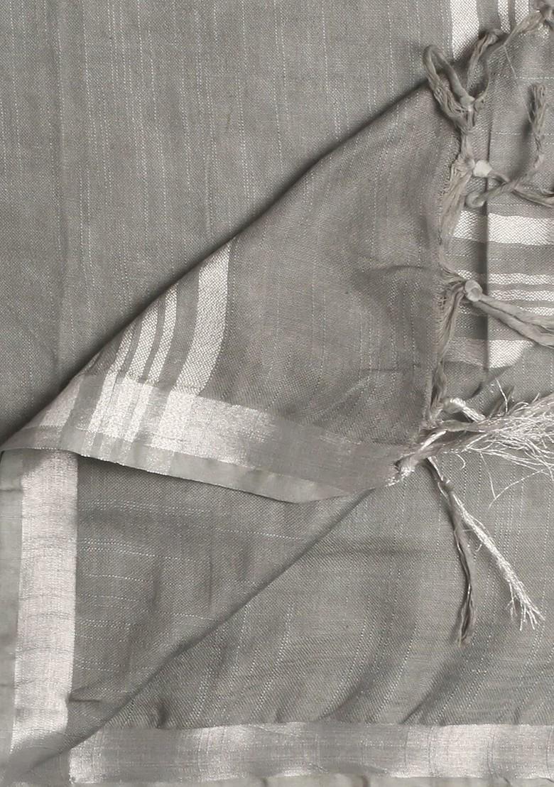 Grey And Silver Toned Linen Dupatta With Zari