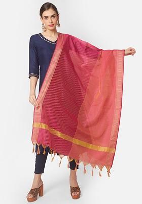 Pink And Gold Toned Woven Design Dupatta