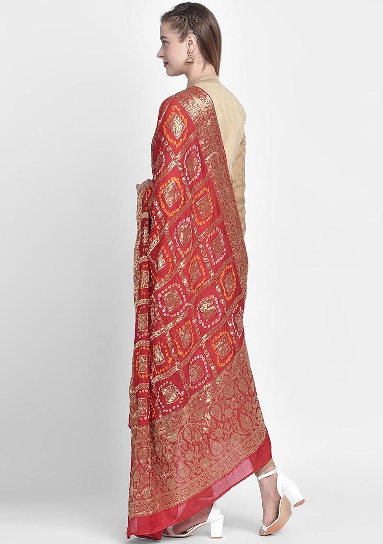 Women Red And Gold Toned Woven Design Banarasi Silk Dupatta