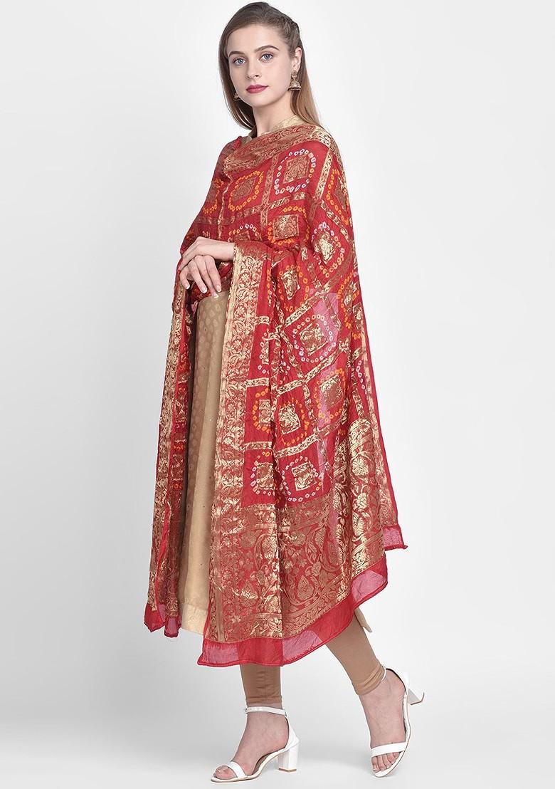 Women Red And Gold Toned Woven Design Banarasi Silk Dupatta