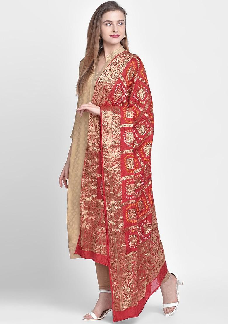 Women Red And Gold Toned Woven Design Banarasi Silk Dupatta
