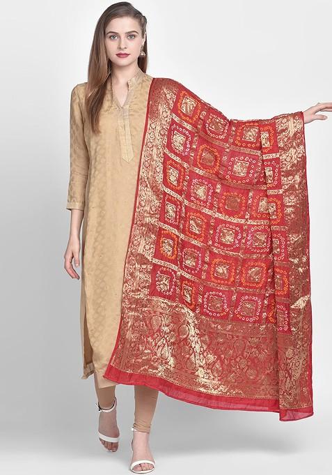Women Red And Gold Toned Woven Design Banarasi Silk Dupatta