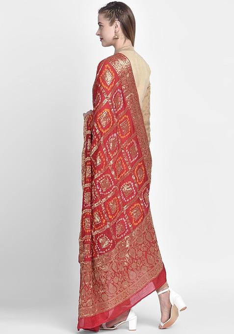 Women Red And Gold Toned Woven Design Banarasi Silk Dupatta