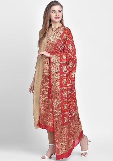 Women Red And Gold Toned Woven Design Banarasi Silk Dupatta