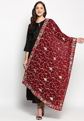 Maroon And Green Floral Embroidered Dupatta