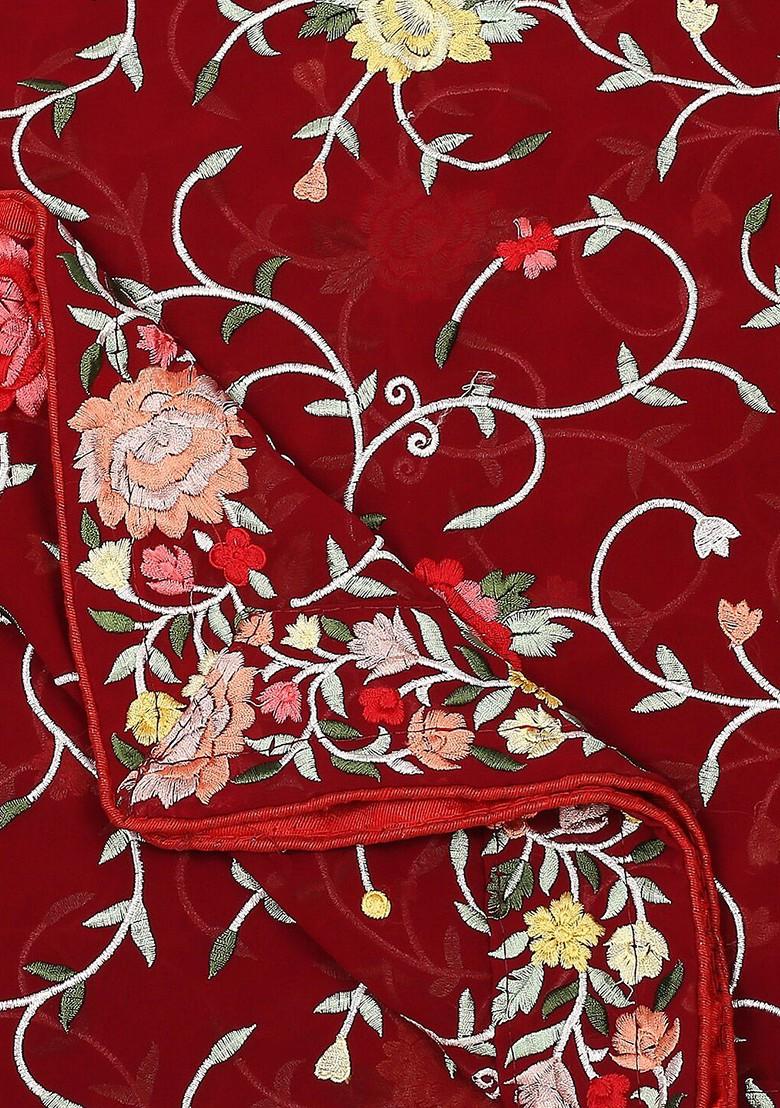 Maroon And Green Floral Embroidered Dupatta