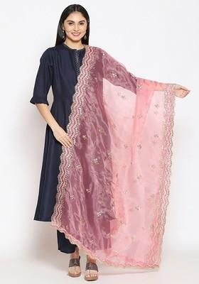 Rose And Gold Toned Ethnic Motifs Embroidered Sequinned Organza Dupatta