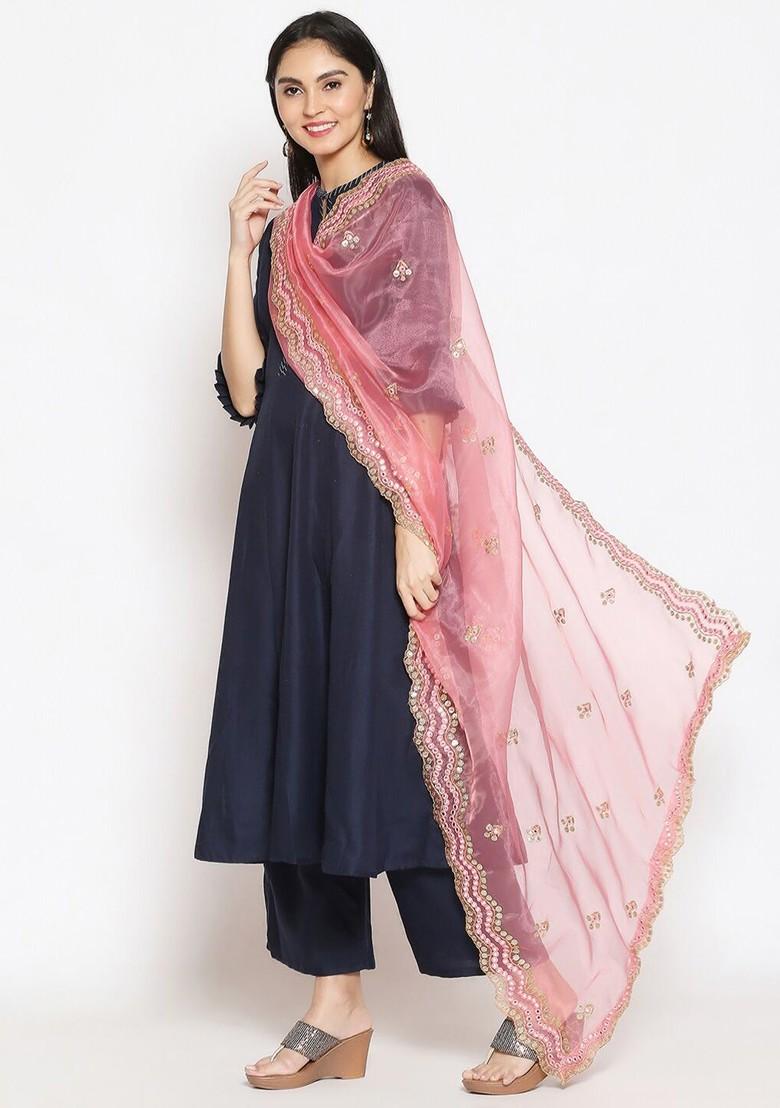 Rose And Gold Toned Ethnic Motifs Embroidered Sequinned Organza Dupatta