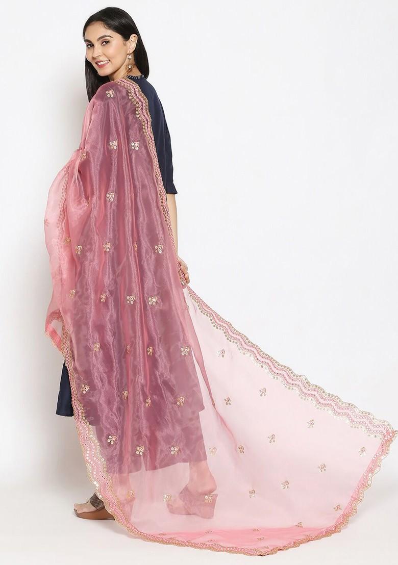 Rose And Gold Toned Ethnic Motifs Embroidered Sequinned Organza Dupatta