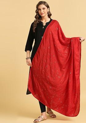 Floral Embroidered Mirror Work Pure Cotton Dupatta