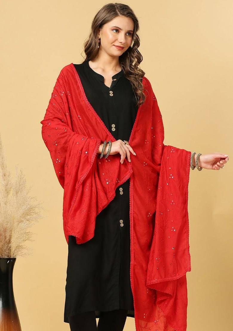 Floral Embroidered Mirror Work Pure Cotton Dupatta