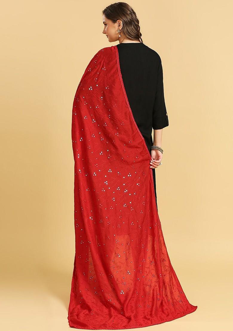 Floral Embroidered Mirror Work Pure Cotton Dupatta