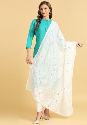 Floral Embroidered Pure Cotton Dupatta With Mirror Work