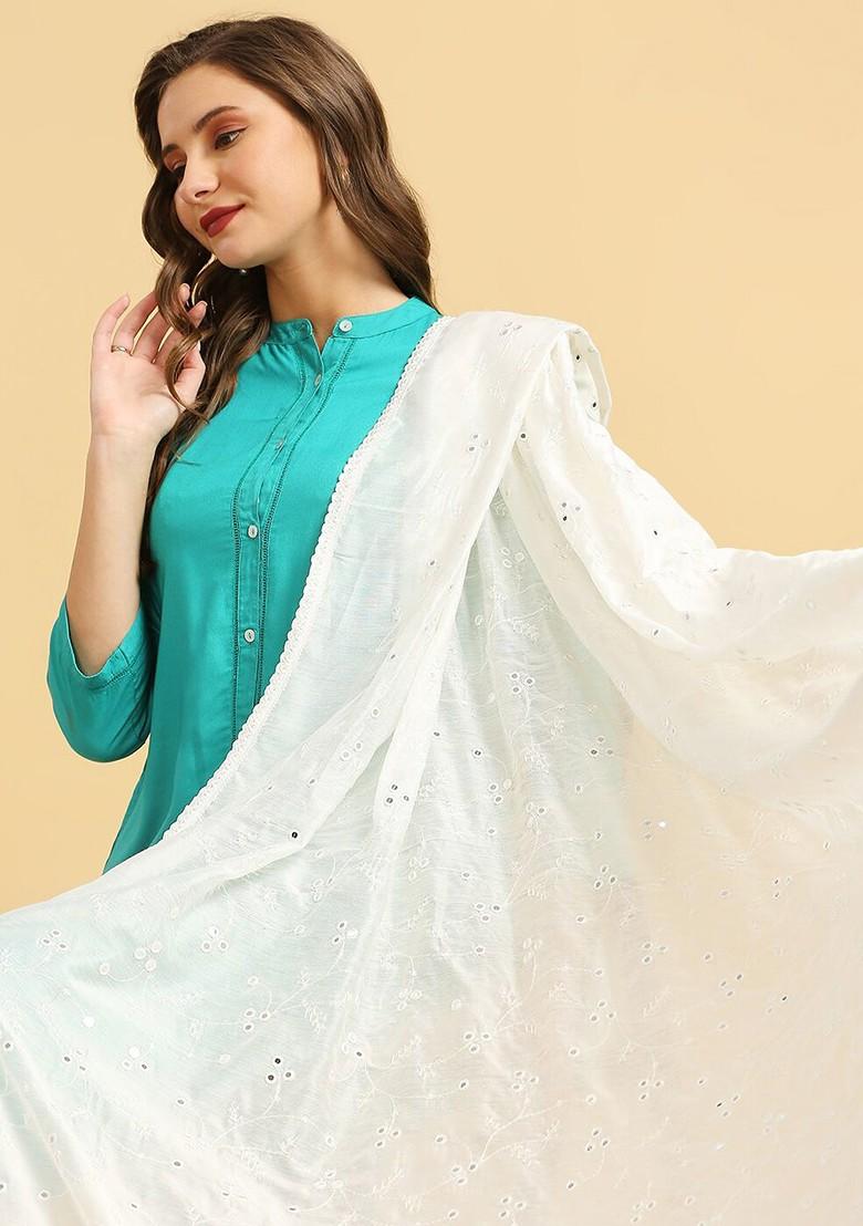 Floral Embroidered Pure Cotton Dupatta With Mirror Work