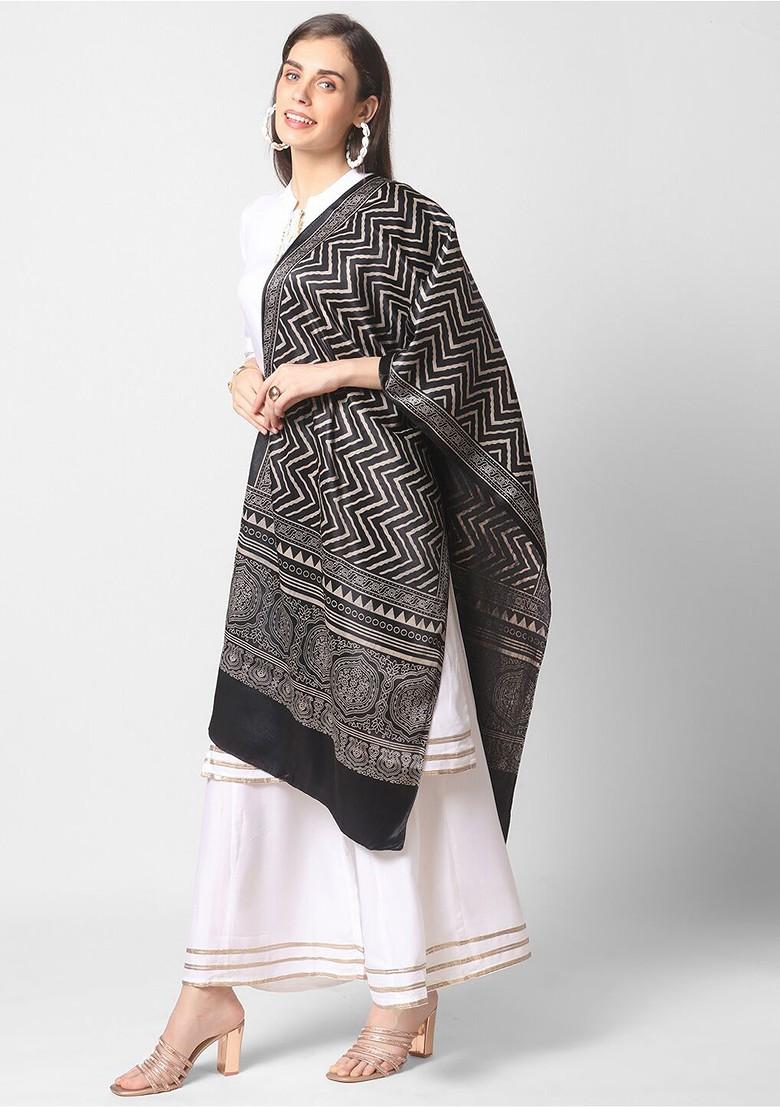 Black And Grey Printed Block Print Dupatta