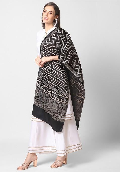 Black And Grey Printed Block Print Dupatta