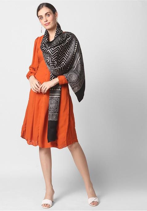 Black And Grey Printed Block Print Dupatta