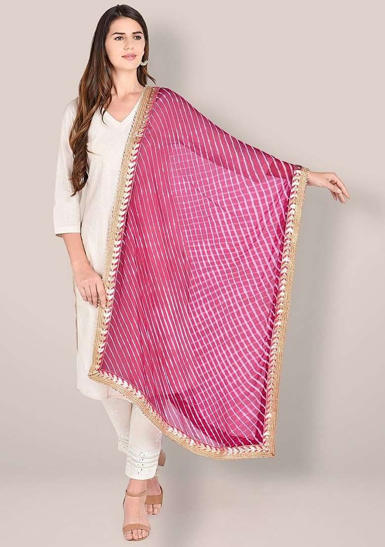 Striped Leheriya Chiffon Dupatta With Gotta Patti - Indya