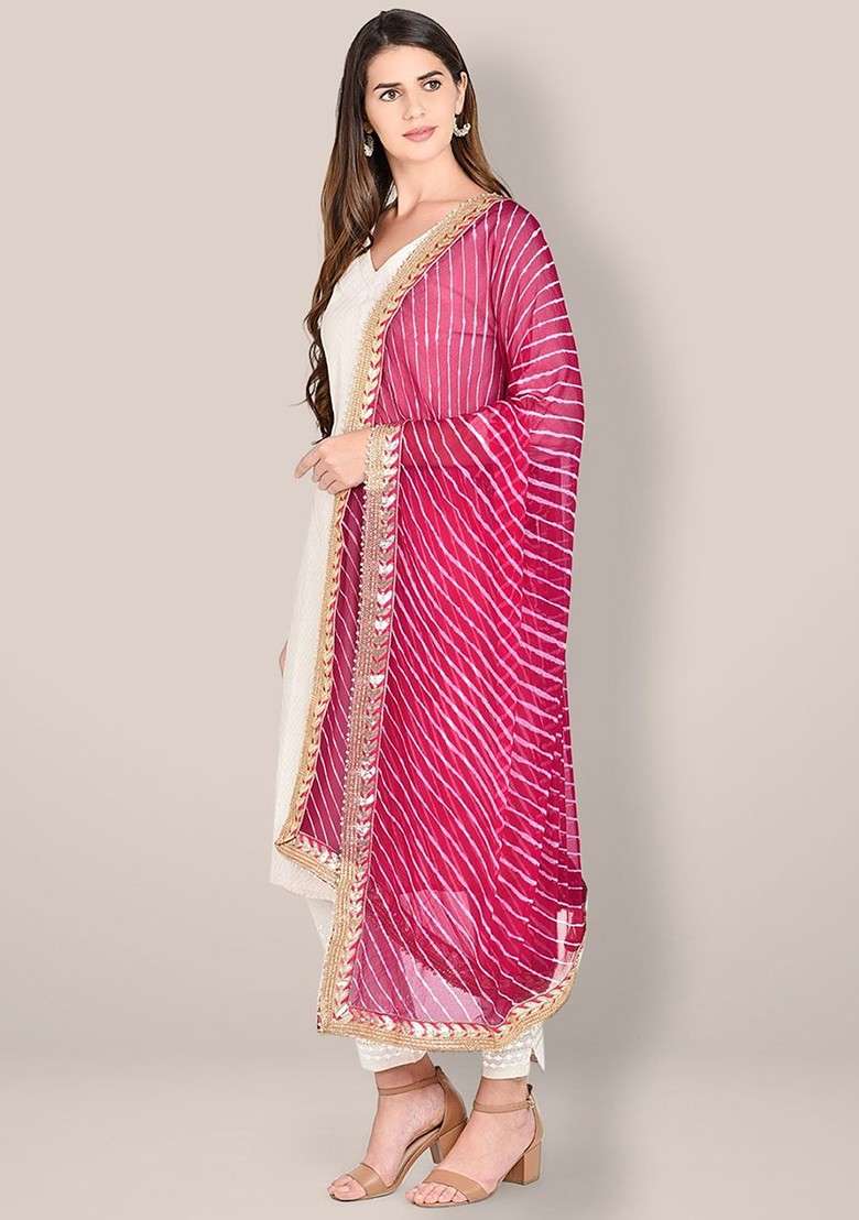 Striped Leheriya Chiffon Dupatta With Gotta Patti - Indya