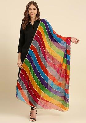 Red And Yellow Striped Dupatta With Gotta Patti
