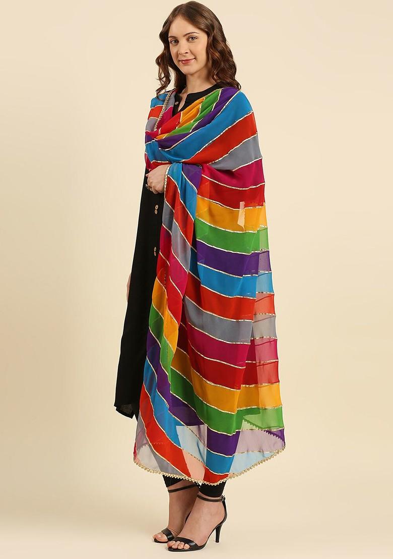 Red And Yellow Striped Dupatta With Gotta Patti