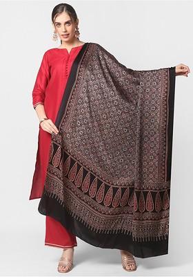 Black And Maroon Ajrakh Block Printed Pure Silk Dupatta