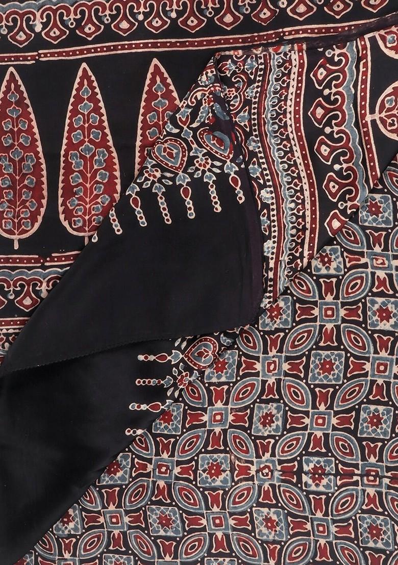 Black And Maroon Ajrakh Block Printed Pure Silk Dupatta