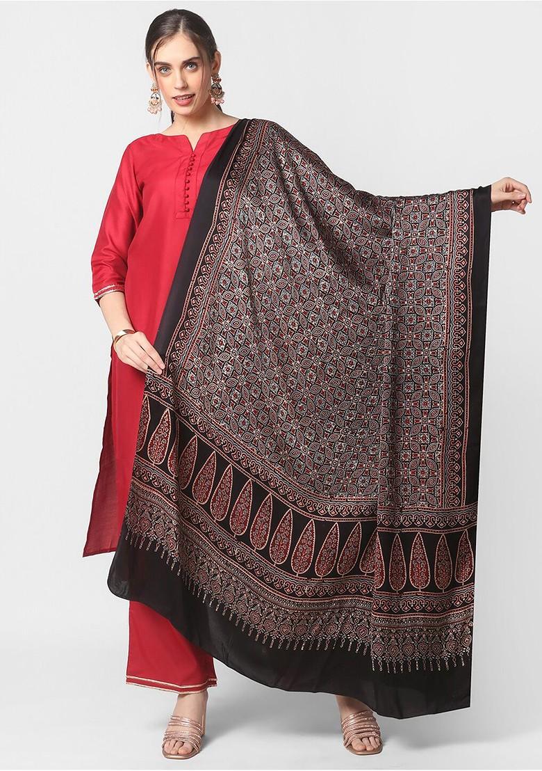 Black And Maroon Ajrakh Block Printed Pure Silk Dupatta