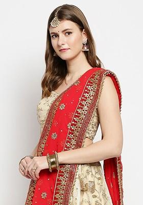 Red And Gold Toned Ethnic Motifs Embroidered Dupatta With Zardozi