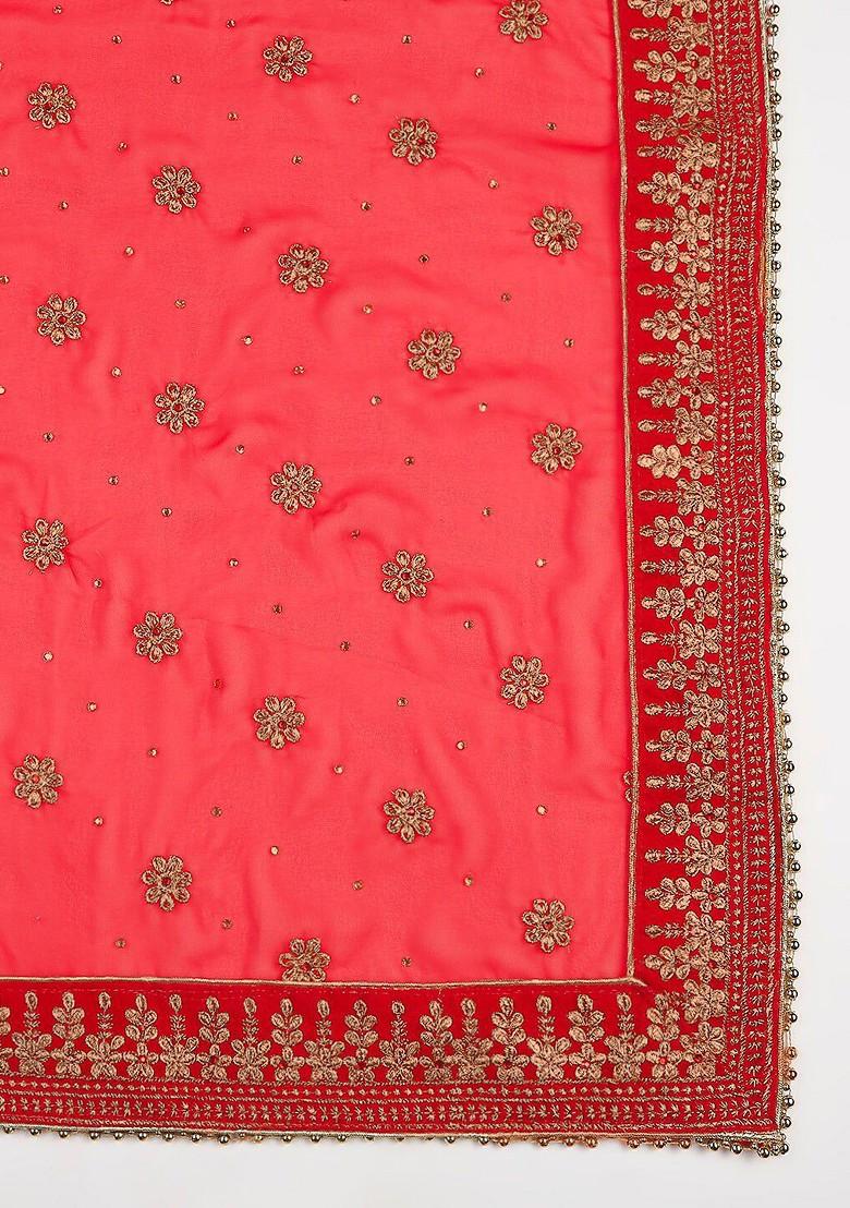 Red And Gold Toned Ethnic Motifs Embroidered Dupatta With Zardozi