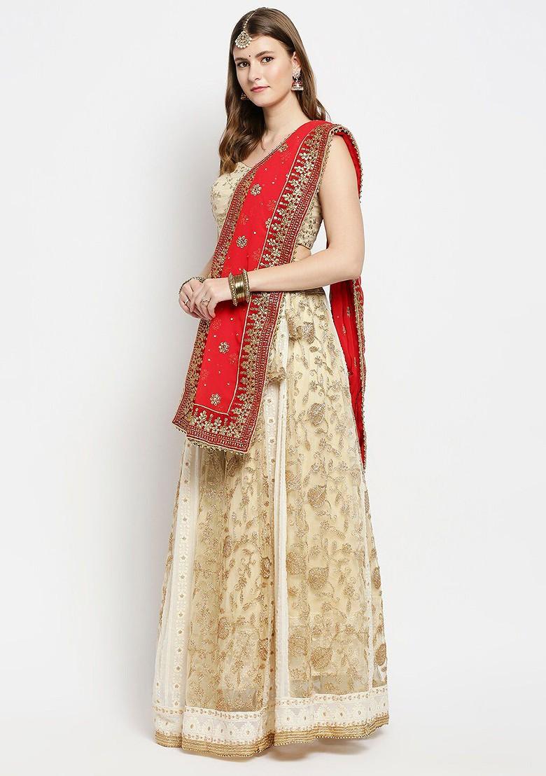 Red And Gold Toned Ethnic Motifs Embroidered Dupatta With Zardozi