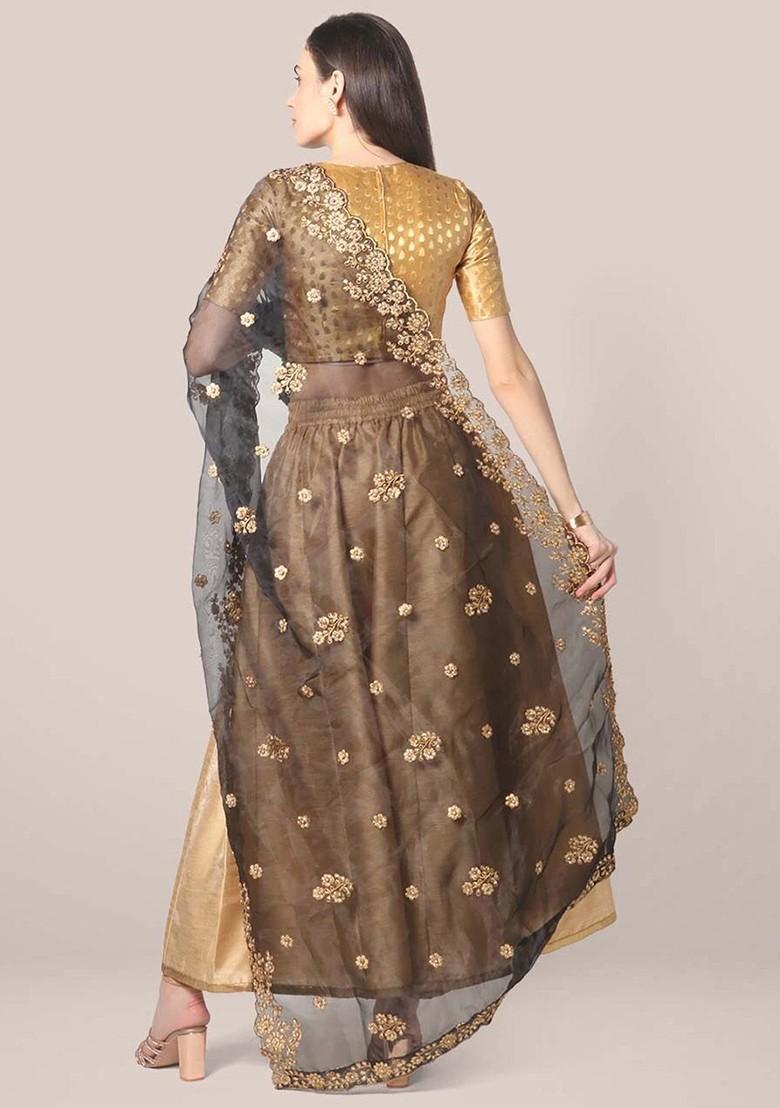 Black And Gold Toned Embroidered Organza Dupatta With Beads And Stones