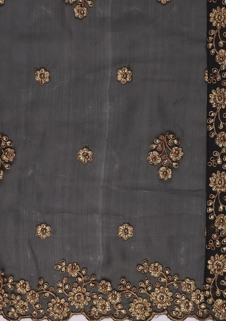 Black And Gold Toned Embroidered Organza Dupatta With Beads And Stones