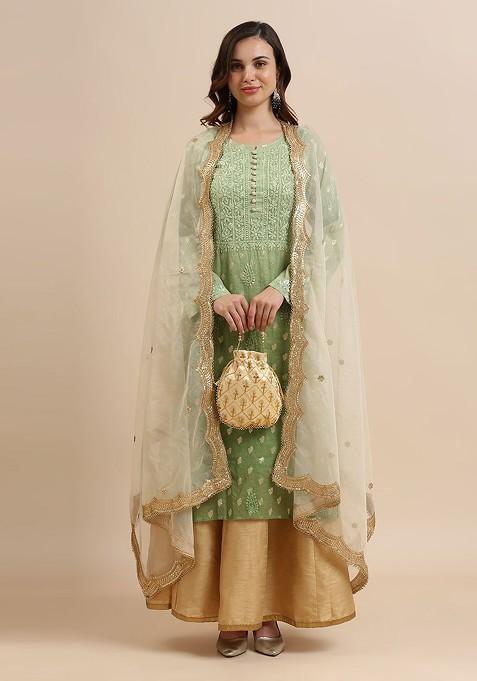 Ethnic Motifs Embroidered Sequinned Organza Dupatta
