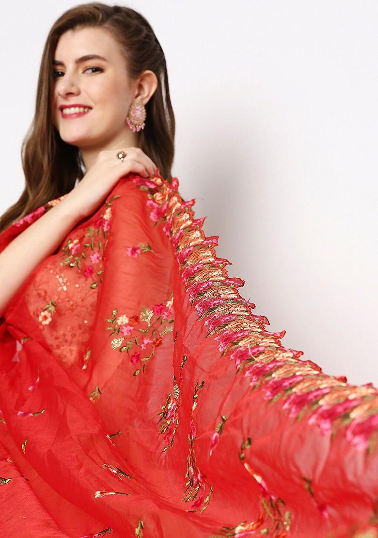 Red And Gold Toned Embroidered Sequinned Organza Dupatta