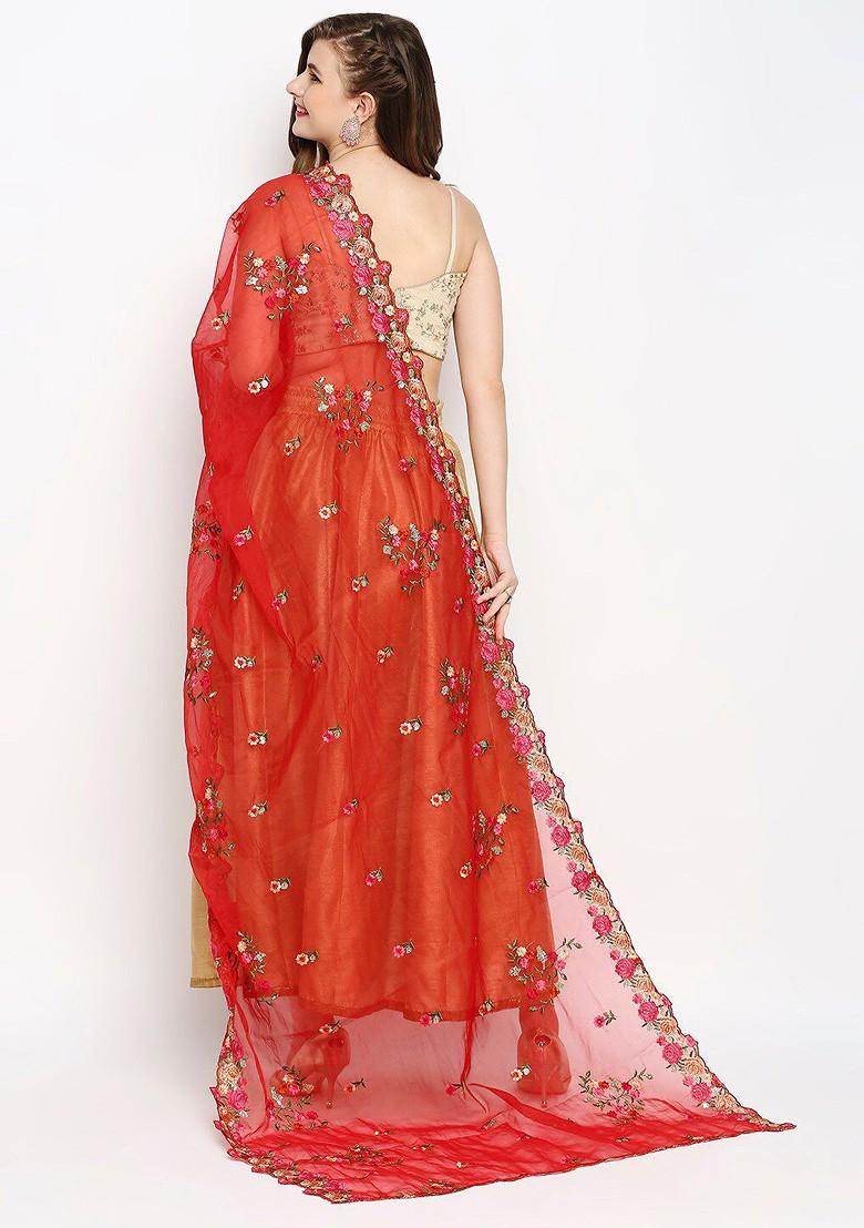 Red And Gold Toned Embroidered Sequinned Organza Dupatta