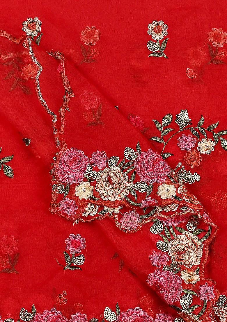 Red And Gold Toned Embroidered Sequinned Organza Dupatta