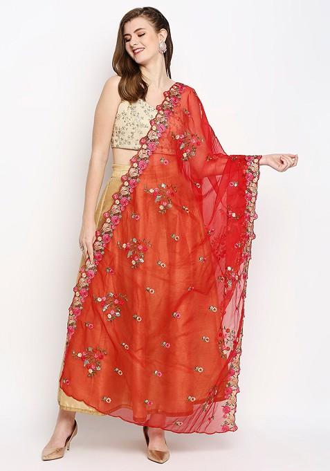 Red And Gold Toned Embroidered Sequinned Organza Dupatta