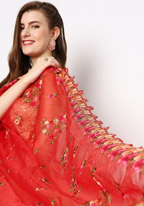 Red And Gold Toned Embroidered Sequinned Organza Dupatta