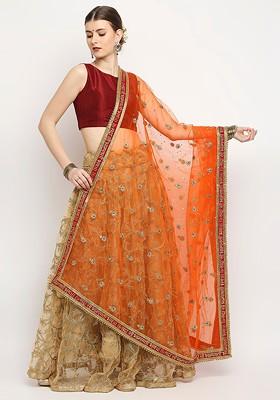Orange Ethnic Motifs Embroidered Dupatta With Zardozi