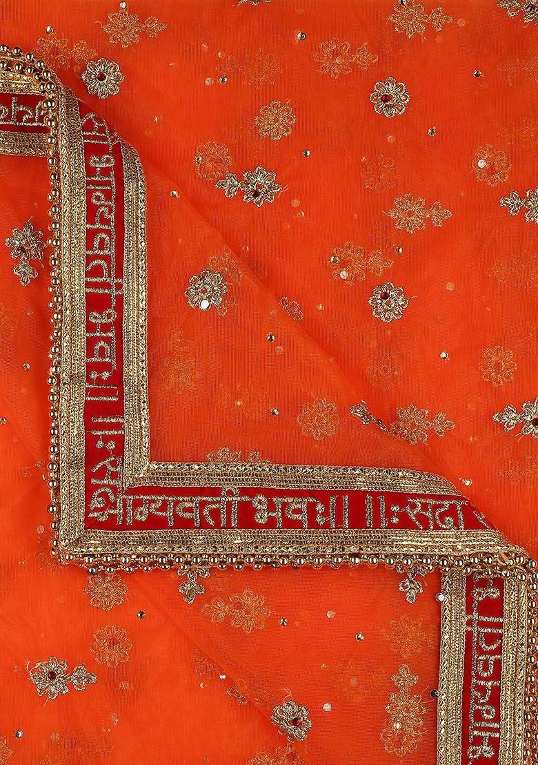 Orange Ethnic Motifs Embroidered Dupatta With Zardozi