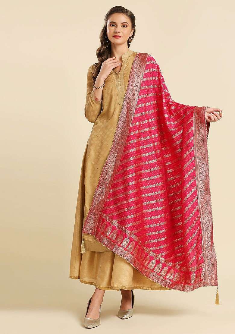 Ethnic Motifs Woven Design Zari Banarasi Dola Silk Dupatta - Indya