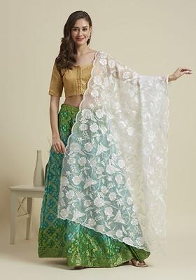 Butterfly And Floral Embroidered Thread Work Organza Dupatta