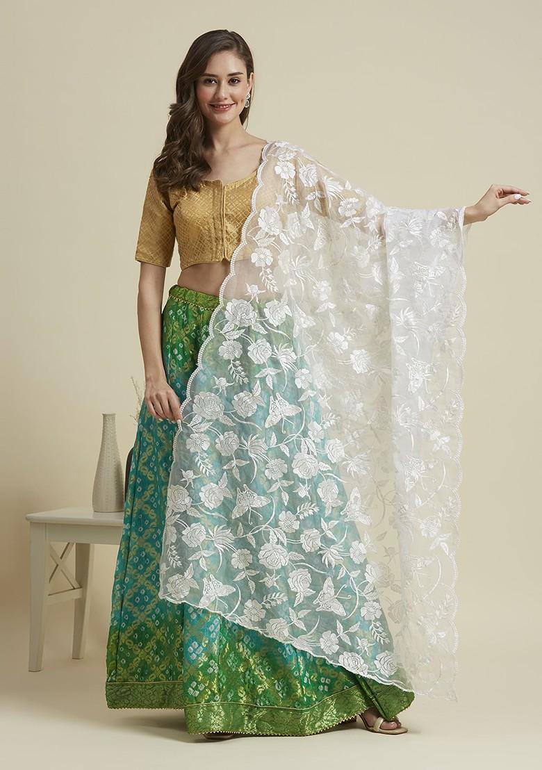 Butterfly And Floral Embroidered Thread Work Organza Dupatta