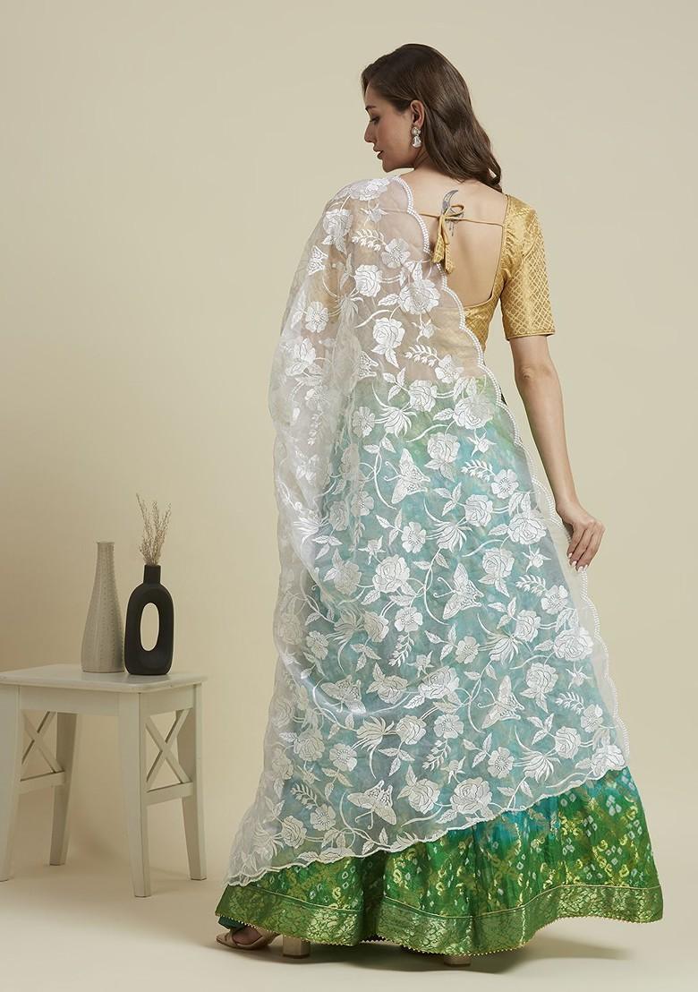 Butterfly And Floral Embroidered Thread Work Organza Dupatta