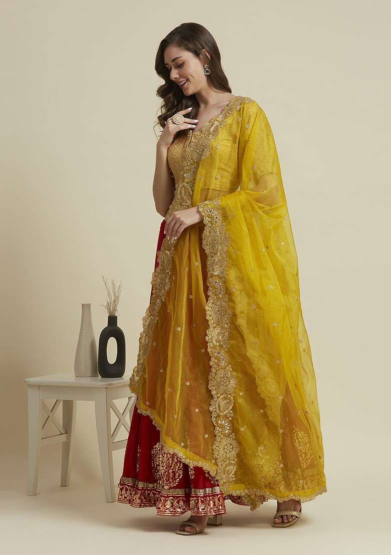Floral Embroidered Sequinned Organza Dupatta - Indya